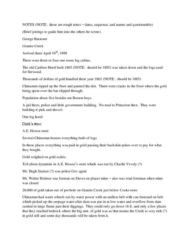 Brief Notes probably written by George Batstone note there are errors in dates and names Transcript_0001