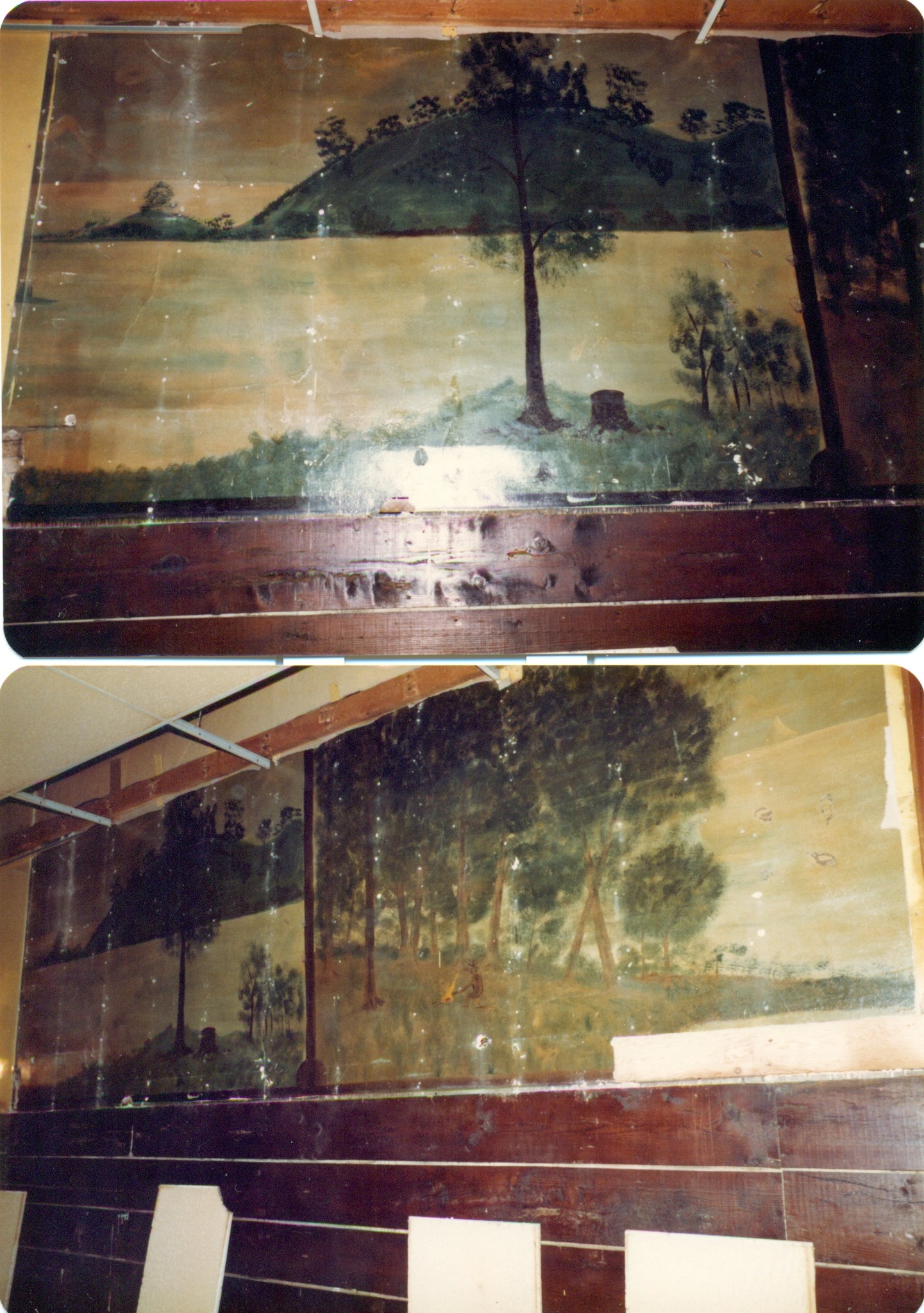 Coalmont Hotel Bar behind North wall painted by drifter for food and lodging found ca 1983