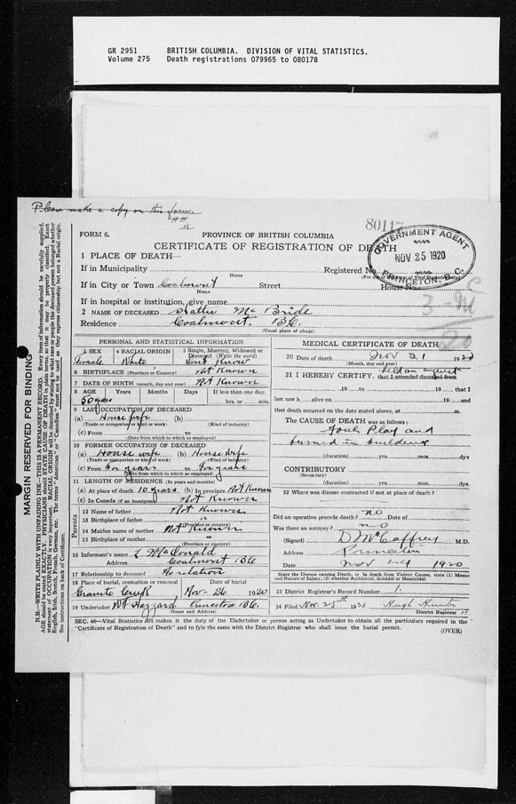 Hattie McBride Death Certificate